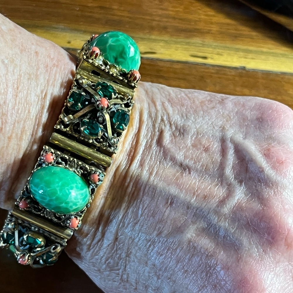 Vintage Victorian Revival Green and Gold Panel Bracelet with safety chain